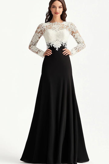 Elégant Noir Blanc Une Ligne Dentelle Longue Mère De La Robe De La Mariée Avec Appliques
